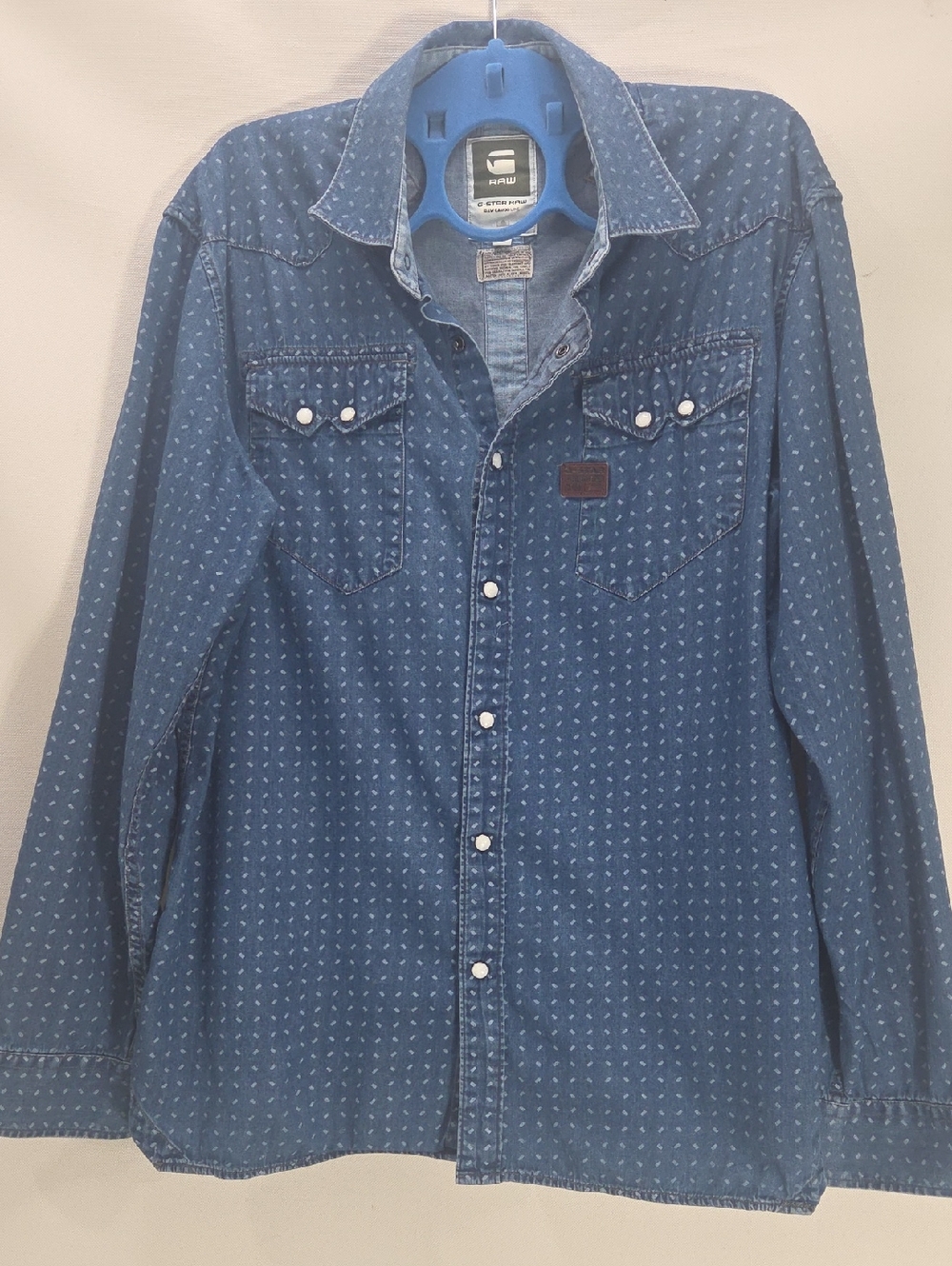 G-Star Denim Button-Down Shirt in Medium Blue with Subtle Print